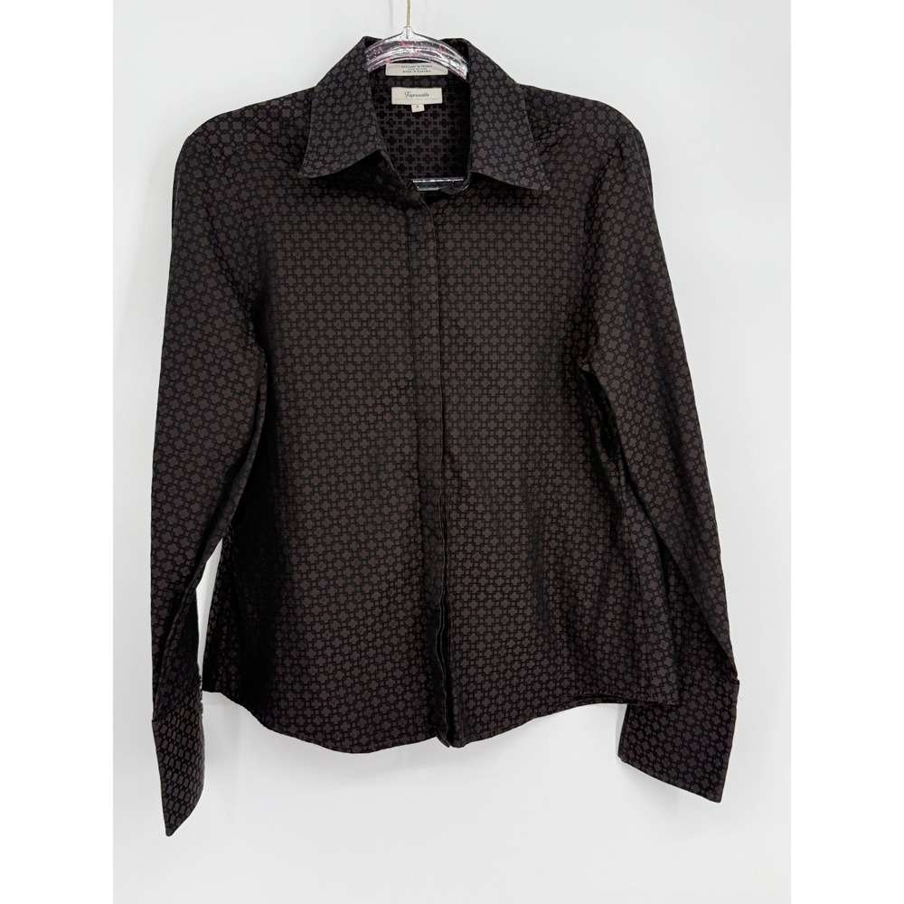Faconnable Womens Brown Black Geometric Cotton Button Up Shirt Sz S Romania